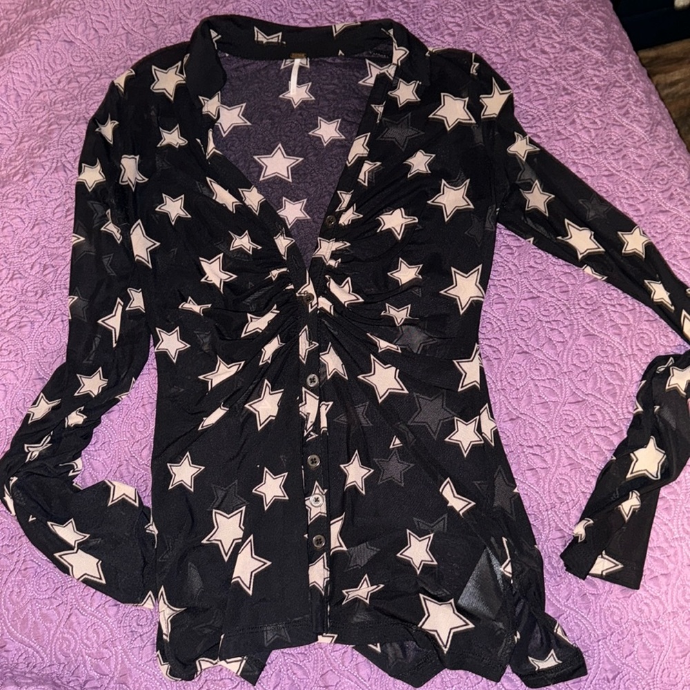 Free People | Lucky Shirtee Black and pink Stars Print Button-Up Top XS